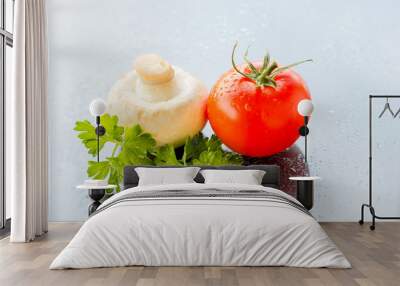 two tomatoes on white wooden table Wall mural