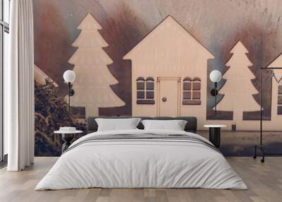 Wooden houses and tree cards  Wall mural