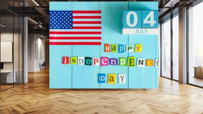 July 4th wooden color calendar with Stars and Stripes flag on blue background. Summer day. Empty space for text. Independence Day Of America Wall mural