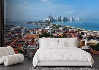 Downtown District At Cartagena Das Indias In Bolivar Colombia. Caribbean Seascape. Downtown City. Cartagena Das Indias At Bolivar Colombia. Highrise Buildings Landscape. Cityscape Landmark. Wall mural