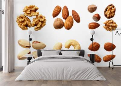 Set of nuts, hazelnuts, peanuts, walnuts, almonds, cashews, pistachios isolated on transparent background. Cutting dessert elements. Top view high quality PNG.