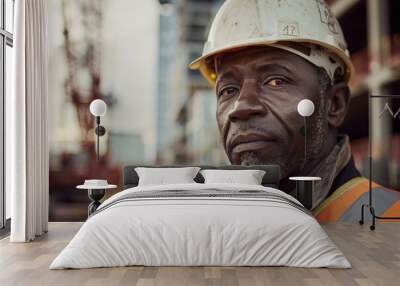 The foreman, clad in a hard hat and high-visibility vest, surveys the construction area with a focused expression as the day winds down, ensuring safety and progress Wall mural