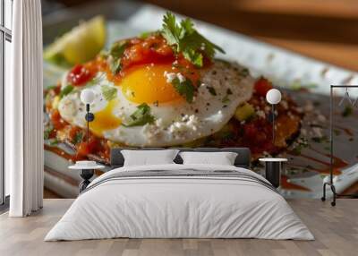 This delectable dish showcases huevos rancheros, featuring a perfectly cooked egg, fresh salsa, and garnished with cilantro, served warm on a rustic plate Wall mural