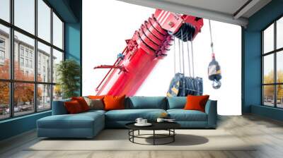 Red truck crane boom with hooks and scale weight Wall mural