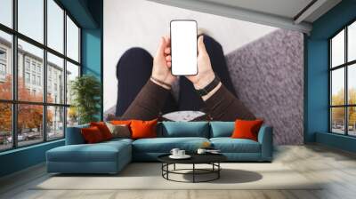 Top view of woman standing on sofa with a smartphone in hands Wall mural