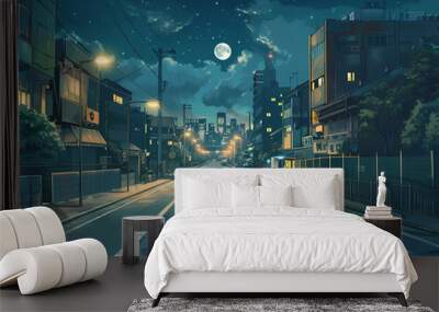 beautiful night atmosphere on a city street background illustration Wall mural