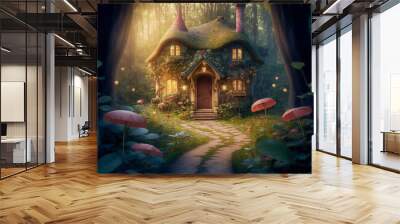 Cute fairy tail dwarf house in the forrest with mushrooms. AI generated illustration Wall mural