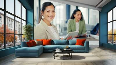 Business, woman and portrait with tablet in office for online planning, strategy and smile. Female worker working on digital technology for productivity, connection and happiness in startup company Wall mural