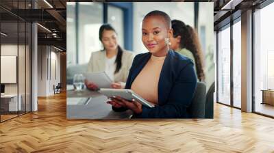 Business meeting, black woman and portrait with tablet for online planning, strategy and smile. Happy female worker working on digital technology for productivity, connection and happiness in startup Wall mural