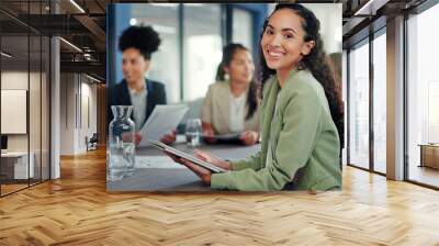 Business woman, portrait and tablet in meeting for online planning, strategy and internet search. Happy female worker working on digital technology for productivity, connection and happiness in team Wall mural