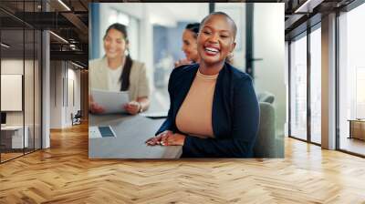 Meeting, happy and face of a business woman in discussion for a corporate project with her team. Collaboration, teamwork and portrait of a African female employee planning a strategy in the office. Wall mural