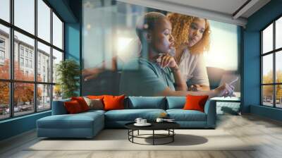 Office glass window, laptop and team communication on social network feedback, customer experience or ecommerce. Brand monitoring data, collaboration teamwork and black women review online survey Wall mural