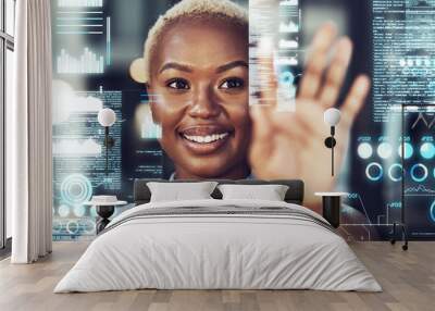 Touch screen, hologram and black woman with digital data analytics, statistics or info. Holographic, futuristic or happy business person with overlay of trading charts, ui or ux with hand interaction Wall mural