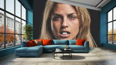 Woman, face and pill for drug in addiction for substance abuse to cure pain and suffering over black studio background. Portrait of female addict or model addicted to medical pills, help and rehab Wall mural