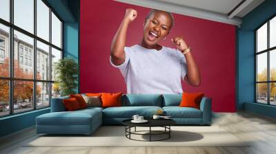 Celebration, black woman and excited person showing happiness and winner feeling. Winning motivation, achievement and happy smile of a female win with a celebrate victory feeling from success Wall mural