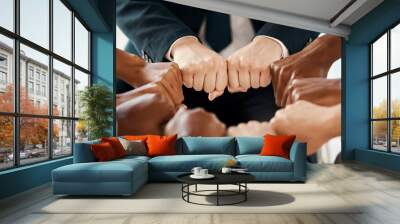 Fist, diversity and solidarity, support and collaboration, team trust and community in workplace. Business people, partnership and fist bump, team building and agreement while working together. Wall mural