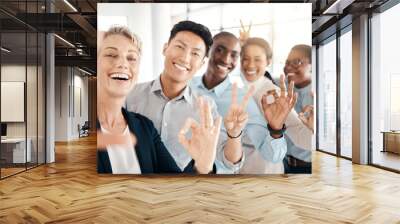 Hand sign, selfie and happy employee group showing diversity, company support and community. Portrait of business people with hands gesture ready for global teamwork collaboration with a smile Wall mural