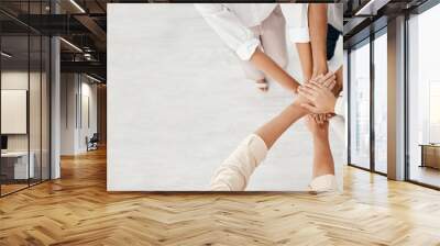 Hands, support and solidarity in team with community in workplace, professional partnership and collaboration mockup. Team building overhead, business people and diversity, company mission together. Wall mural