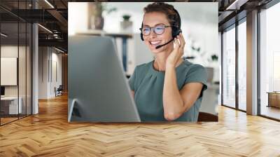 Happy, call center and computer, woman and headphones at desk, customer support or sales for telemarketing company. Mature agent or consultant, office and working, communication and customer service Wall mural