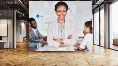 Meeting, team and portrait of black woman, leader or manager standing with pride, confidence and happiness. Communication, collaboration planning and business people team work on marketing strategy Wall mural