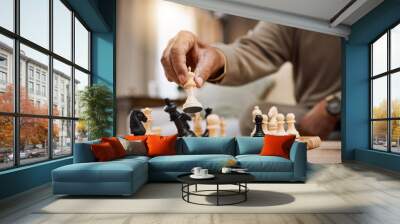 Man, playing hands and chess king in house, home living room or apartment in winner strategy, checkmate or board game success. Zoom, chessboard and winning pawn in thinking mind challenge or activity Wall mural