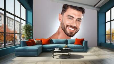 Beauty, skincare and portrait of man with smile on gray background studio for wellness, healthcare and hygiene. Cosmetics, grooming and face of male model for dentistry, body care and spa treatment Wall mural