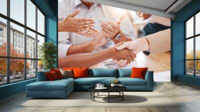 Business people handshake for promotion, celebration or b2b contract deal with group or team applause in office meeting. Diversity project women shaking hands for teamwork, commitment and onboarding Wall mural