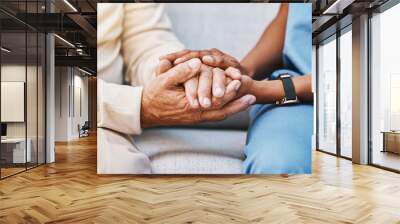 Nurse, hands and senior patient in empathy, safety and support of help, trust and healthcare consulting. Nursing home, counseling and gratitude for medical caregiver, client and hope in consultation Wall mural