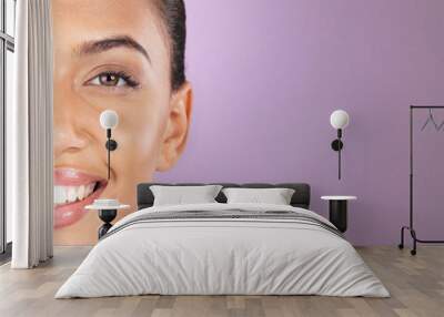 Portrait, eye or woman half face and teeth mockup for cosmetic care, facial beauty or skincare against studio background. Zoom cosmetics, smile or happy girl for wellness, spa aesthetic or skin glow Wall mural