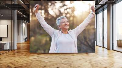 Senior woman, smile and nature while outdoor for freedom, happiness and a healthy lifestyle with fitness and fresh air. Face of happy black female at park for peace, health and wellness in summer Wall mural