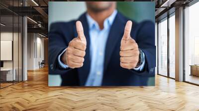 Success, feedback or hands of businessman with thumbs up for agreement, praise or kpi goals achievement in office. Zoom, leadership or employee with thumb up for yes sign, compliance or work support Wall mural