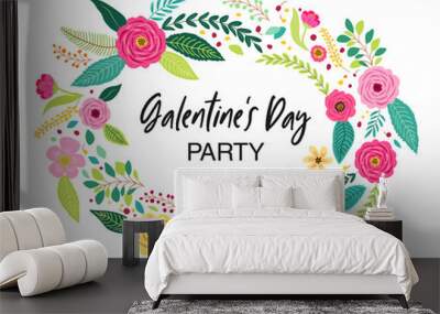 Cute feminine card with hand drawn flowers for girls friends celebrating valentines day Wall mural