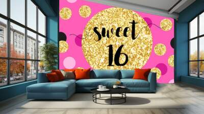 Cute festive bright sweet sixteen card with golden glitter confetti for your decoration Wall mural