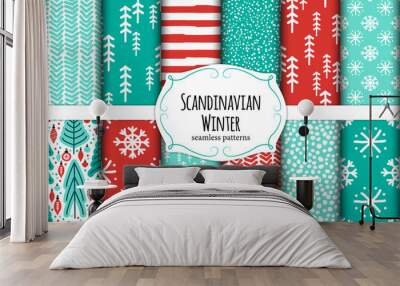 Cute Scandinavian Winter hand drawn seamless patterns set Wall mural