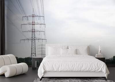 high voltage power lines, red and white electricity pylon with blue sky and green field with trees, symbol for infrastructure, energy and nature Wall mural