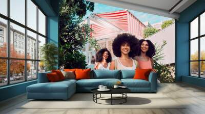 Black women, friends and summer relax, vacation and break together in san francisco. Happy, young and female group at holiday house of fun, happiness and freedom in traveling, trip and tourism resort Wall mural