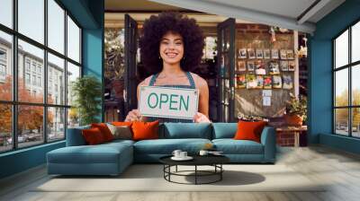 Open sign, black woman and garden shop owner of a small business manager portrait happy. Smile of a retail store entrepreneur with welcome shopping board and business owner with plant products Wall mural