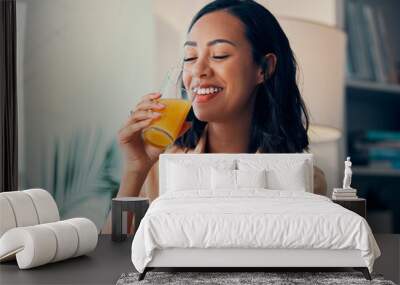 Orange juice, drink and happy black woman relax while drinking health liquid or organic fruit beverage. Happiness, smile and thirsty nutritionist girl with glass of juice for wellness and hydration Wall mural