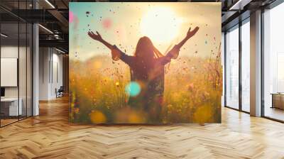 Joyful Woman Embracing Life Amongst Colorful Meadow Wall mural