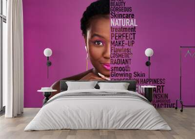 Beauty, skincare and black woman with text overlay for makeup and cosmetics isolated on purple background. Color, portrait and face of african model or person for self love collage or mockup space Wall mural