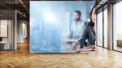 Crm, overlay or consultant writing in a call center helping, talking or networking with clients online. City hologram, woman or insurance agent in communication at customer services or sales at desk Wall mural