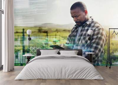 Digital, tablet and future with black man on farm for sustainability, agriculture and planning. Technology abstract, innovation and ui with farmer for growth, environment and internet networking Wall mural