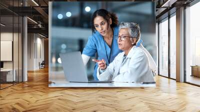 Doctors, nurse or laptop in night healthcare, planning research or surgery teamwork in wellness hospital. Talking, thinking or medical women on technology for collaboration help or life insurance app Wall mural