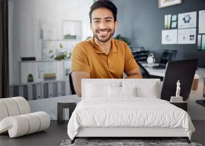 Happy, smile and portrait of a businessman in the office with a laptop working on a corporate project. Happiness, confidence and professional male employee doing research on computer in the workplace Wall mural