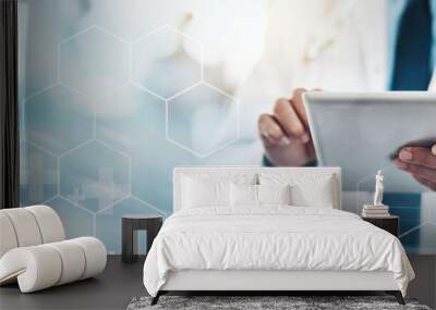 Healthcare, doctor with tablet and technology transformation overlay, digital health system and online medical info. Hospital data, physician hands in medicine mockup, tech innovation and research Wall mural