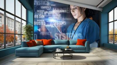 Nurse, digital or tablet in medical cybersecurity, life insurance or data safety on internet in healthcare hospital. Thinking woman, doctor or futuristic technology in night overlay of software trust Wall mural