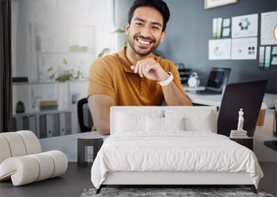 Smile, confidence and portrait of a man in the office with a laptop working on a corporate project. Happy, success and professional male employee doing business research on computer in the workplace. Wall mural