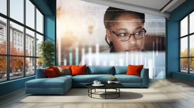 Stock market graphic, cyber security overlay and business woman working and thinking about data. Black woman, fintech and financial employee busy with accounting, invest innovation and website Wall mural