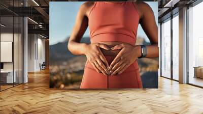 Woman, nature fitness or hands on stomach in diet wellness, body healthcare or abs muscle growth in workout training or sunrise exercise. Zoom, sports athlete or person, belly digestion or strong gut Wall mural