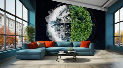 World, city buildings or forest in globalization crisis, climate change awareness or pollution environment security on black background. Globe, environment day or abstract urban trees on night mockup Wall mural